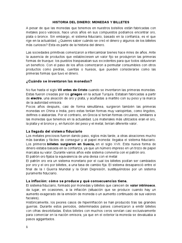 Evolución del Dinero a lo Largo del Tiempo | PDF | Monedas | Billete de ...