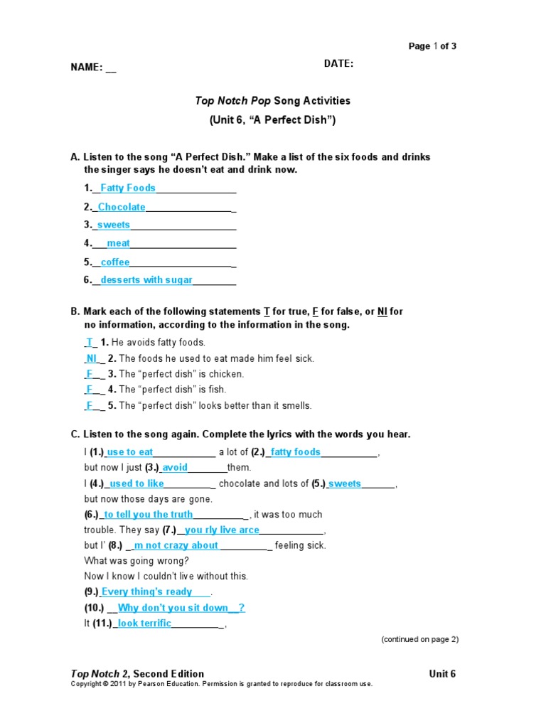 Top Notch Pop Song Activities (Unit 6, "A Perfect Dish") PDF Foods