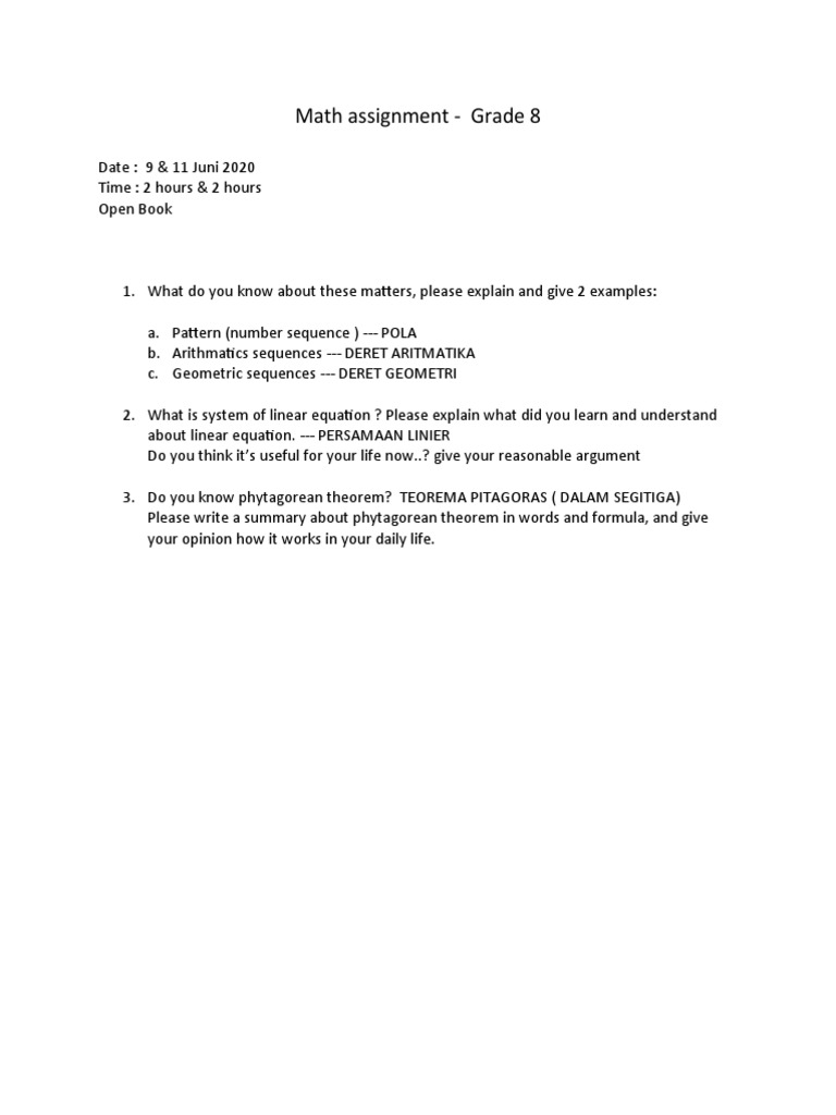 Math Assignment - Grade 8 | PDF