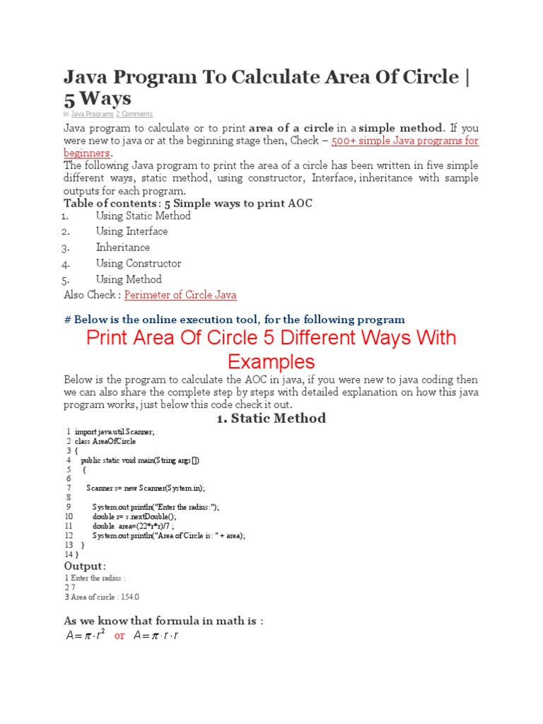 Java Program To Calculate Area of Circle | PDF | Command Line Interface ...
