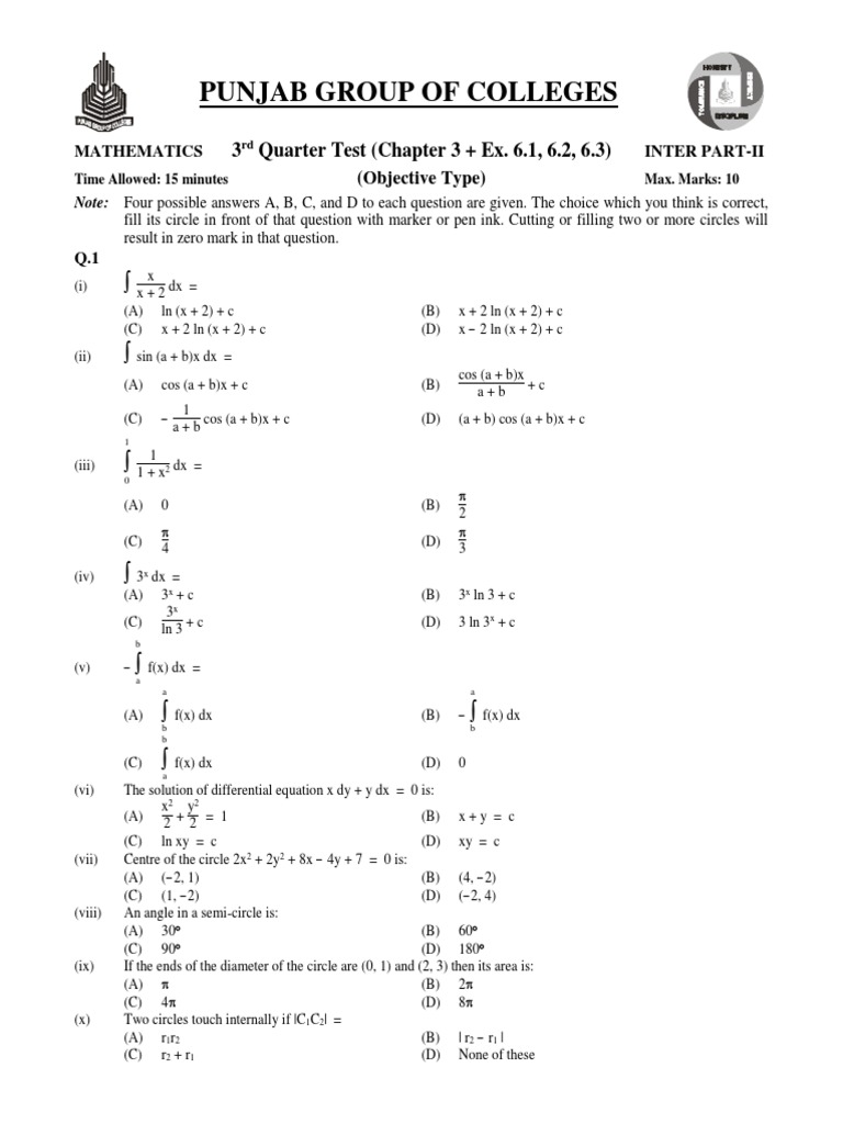 Punjab Colleges Math Test Inter Part-II | PDF | Circle | Tangent