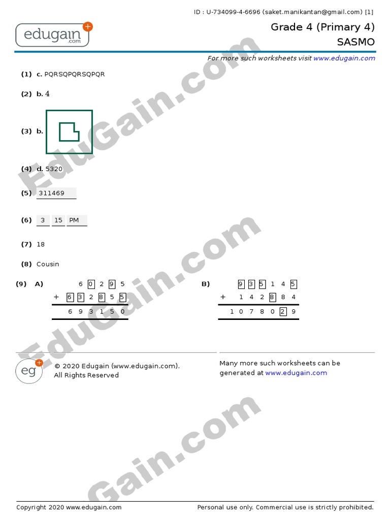 Grade 4 (Primary 4) Sasmo: For More Such Worksheets Visit | PDF