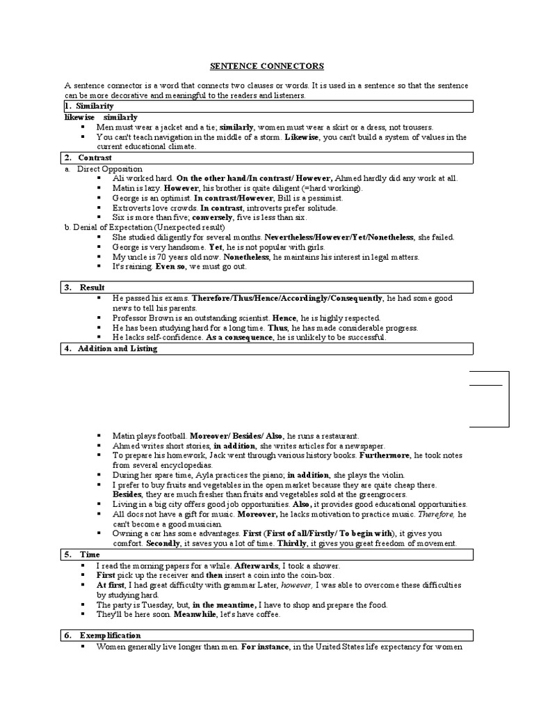 Sentence Connectors | PDF | Verb | Grammar