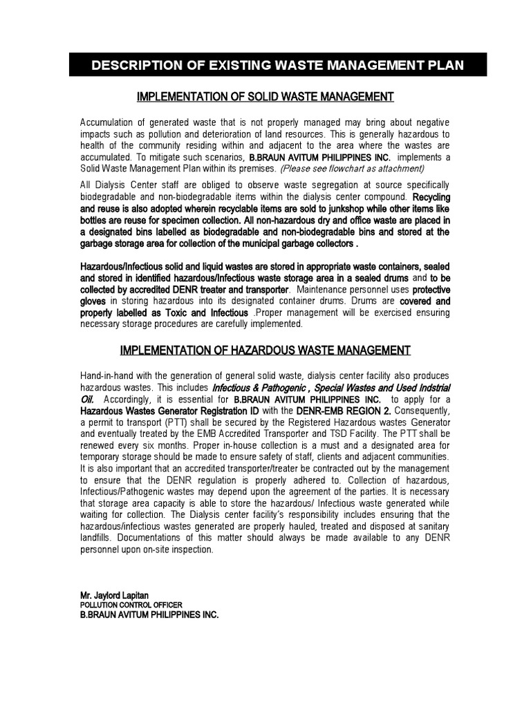 Description of Existing Solid Waste Management Plan Aart Id Number