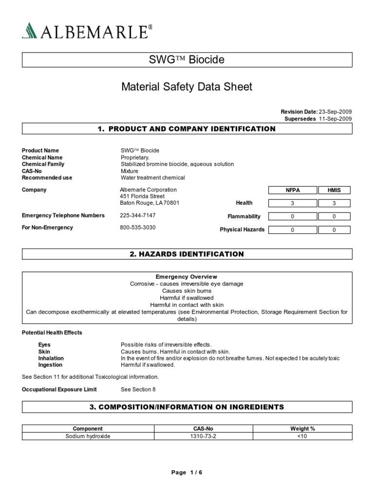SWG! Biocide Material Safety Data Sheet 1. Product and Company