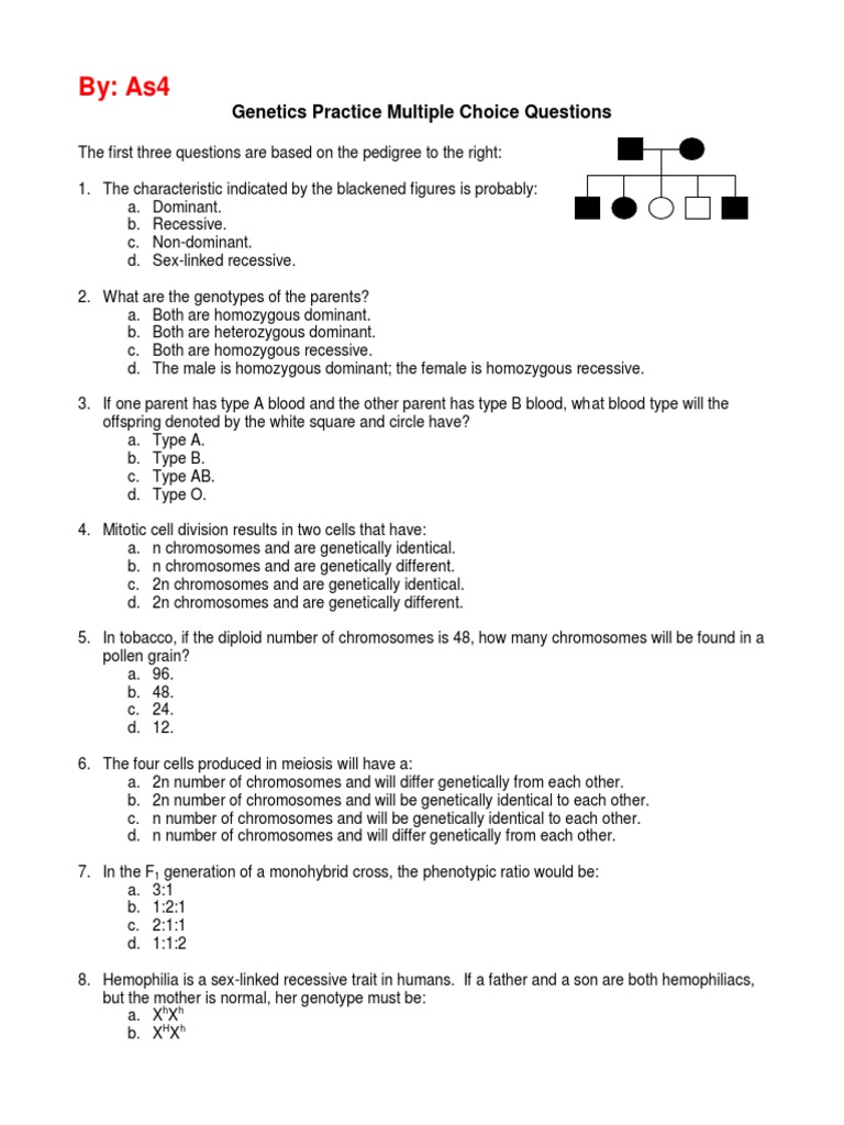 By: As4: Genetics Practice Multiple Choice Questions | PDF | Dominance ...