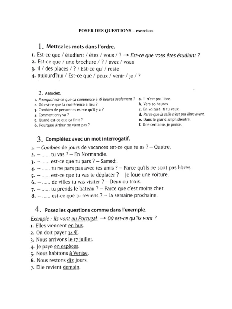 Questions en Français: Exercices | PDF