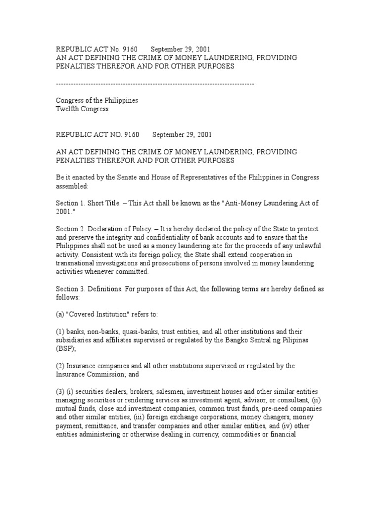 Ra 9160 Anti Money Laundering Act 12 08 03 Asset Forfeiture Money Laundering