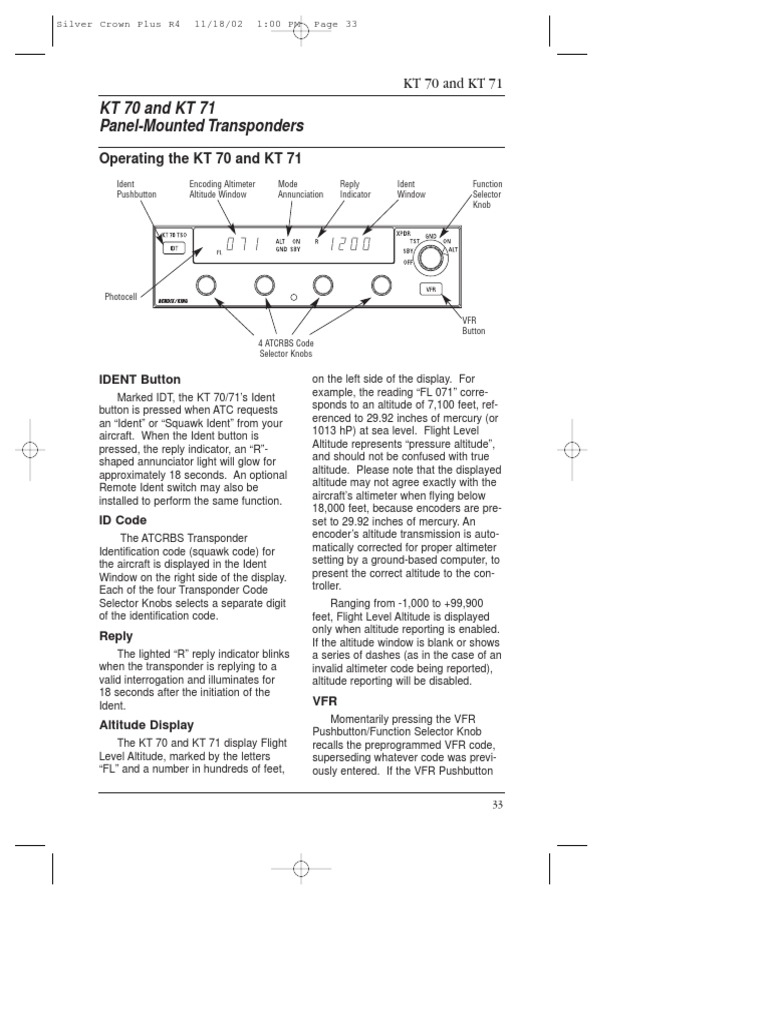 KT 70/71 Transponder Operation Guide | PDF | Transponder (Aeronautics ...