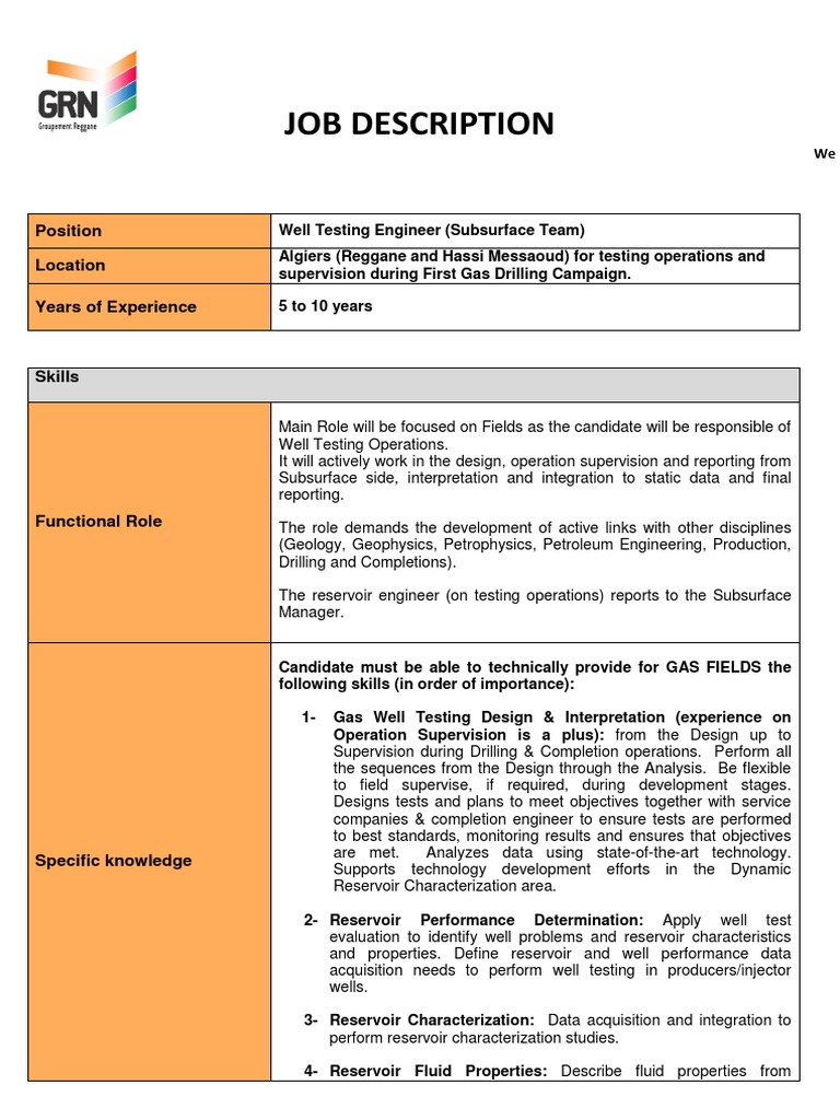 RG Subsurface.Job Description GasWellTesting Reservoir