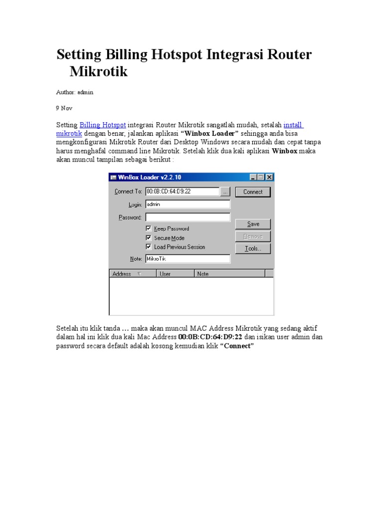 Setting Billing Hotspot Integrasi Router Mikrotik | PDF