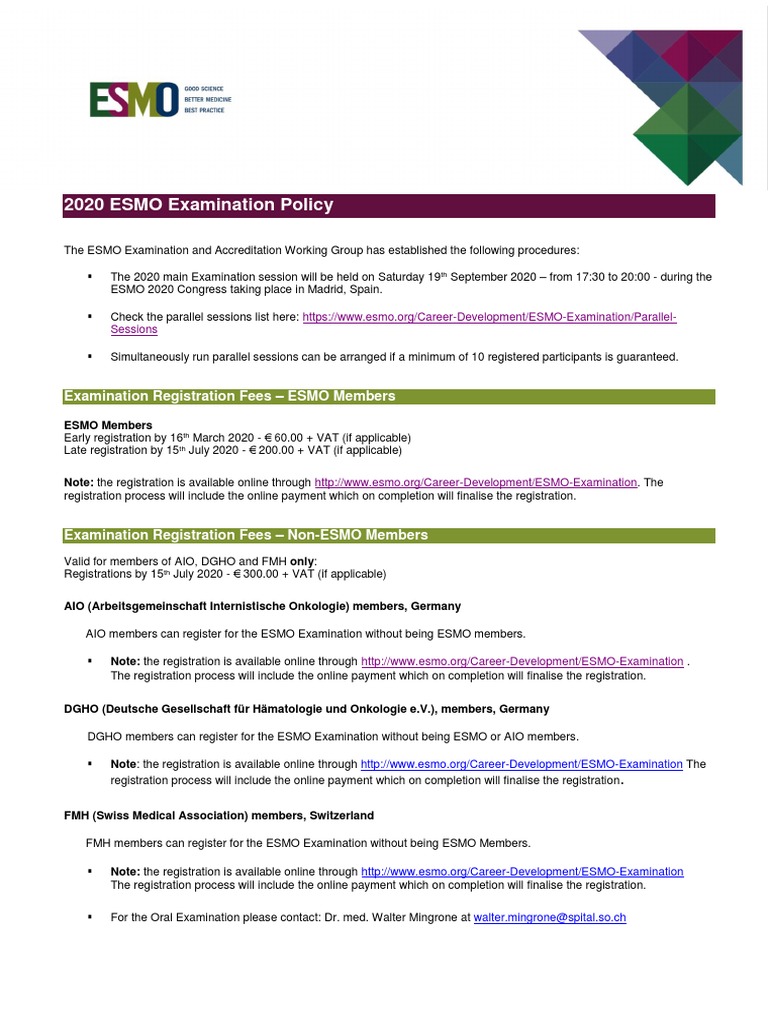 2020 ESMO Examination Policies and Registration Procedures PDF
