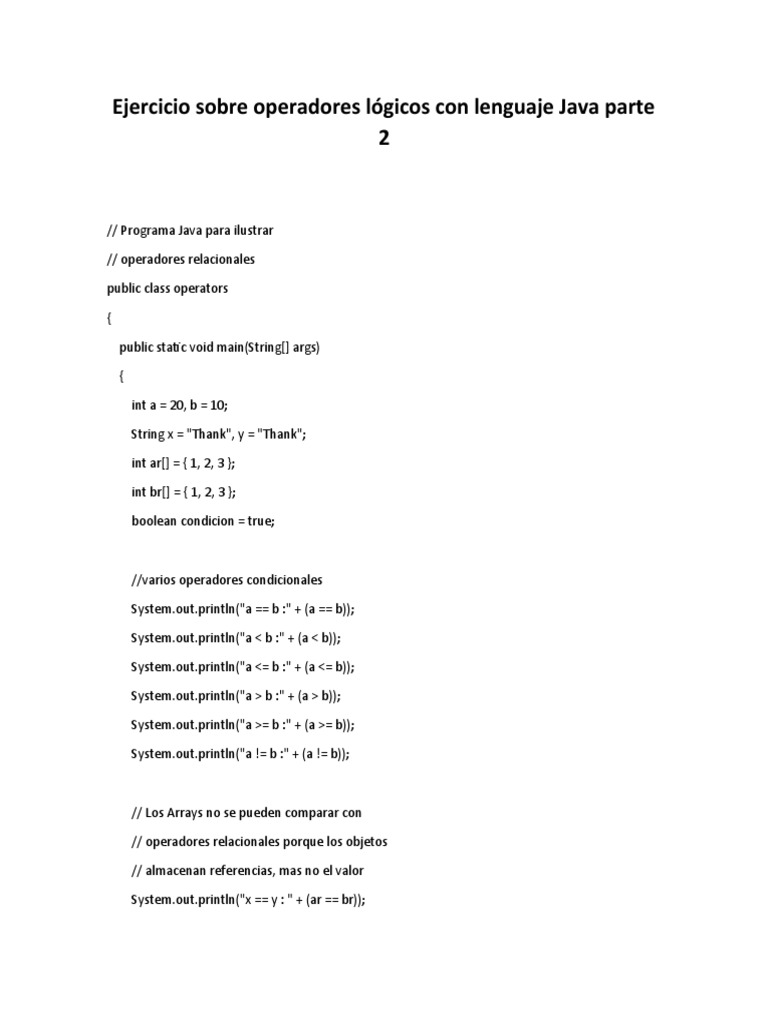 Ejercicios de operadores lógicos en Java | PDF | Java (lenguaje de ...