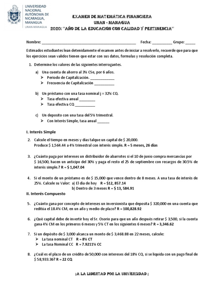 Examen de Matemática Financiera CQ | PDF | Finanzas y dinero