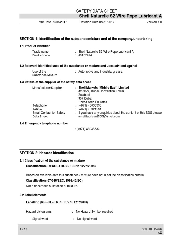 Naturelle S2 Wire Rope Lubricant A MSDS ENG PDF Dangerous Goods