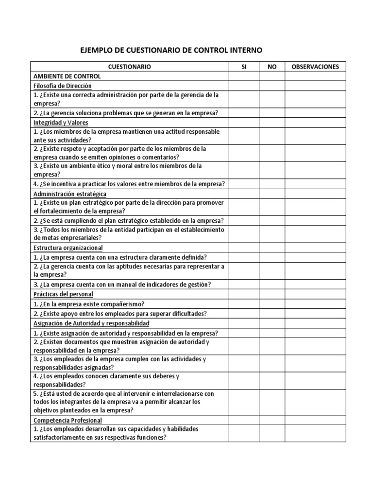 Ejemplo Cuestionario de Control Interno | PDF | Evaluación ...
