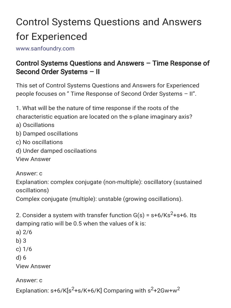 Control Systems Questions and Answers For Experienced PDF Control