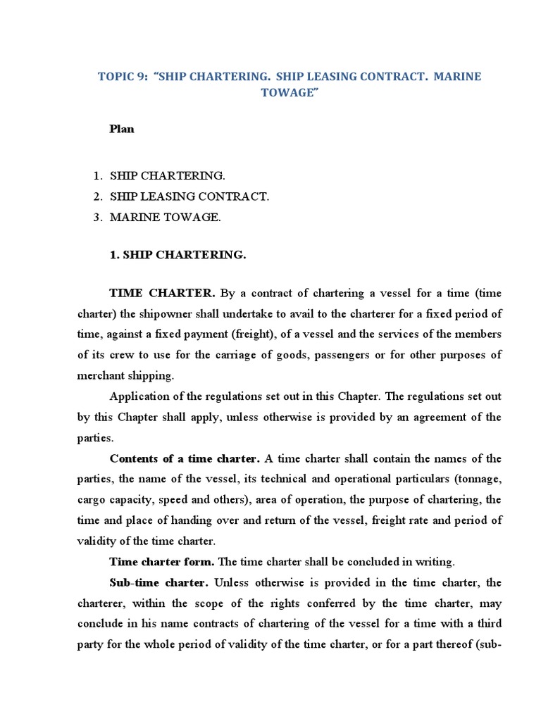 Towage and Chartering Contracts Overview | PDF | Marine Salvage | Lease