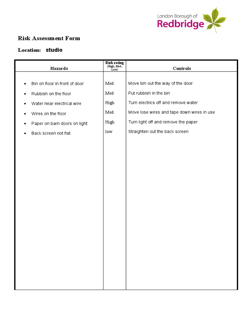 Risk Assessment for Studio Hazards | PDF