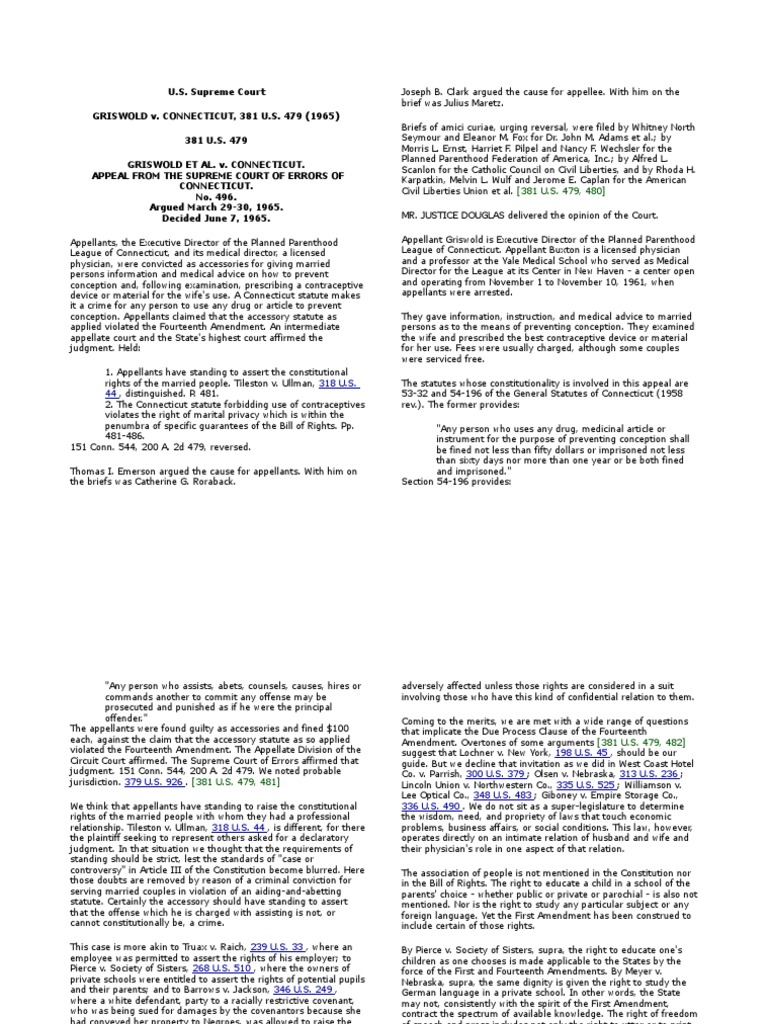 Constigriswold vs Connecticut Fourteenth Amendment To The United