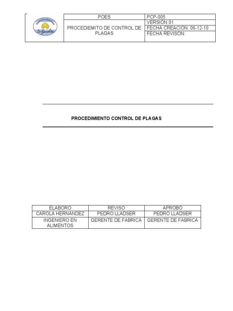 Procedimiento Control de Plagas PCP-005 | PDF | Plaga (organismo ...