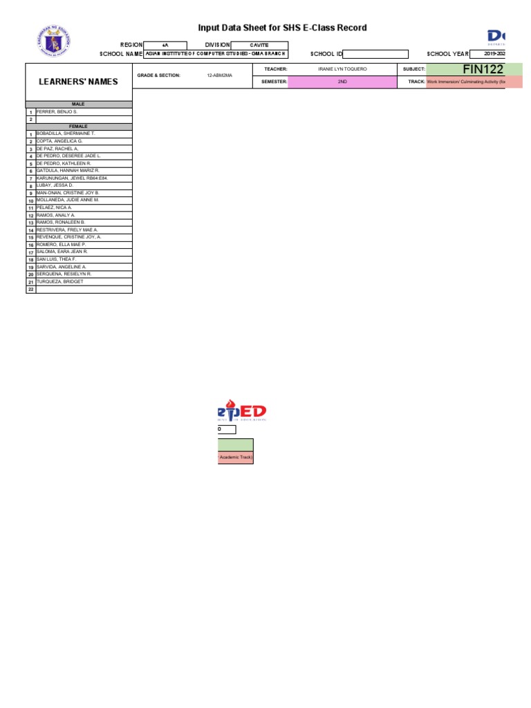 Learners' Names: Input Data Sheet For SHS E-Class Record | PDF