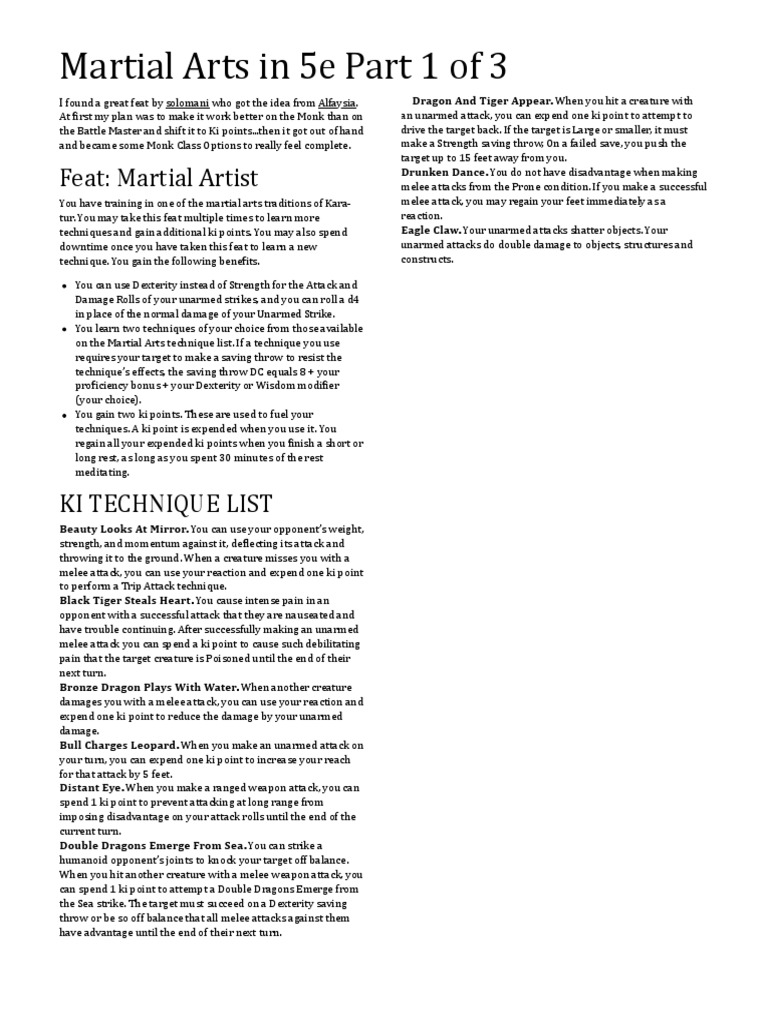 Martial Arts in 5e PT 1 PDF Sports Leisure