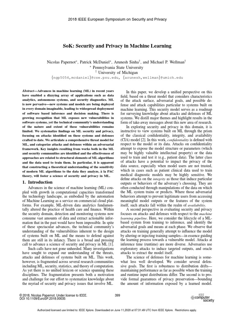 Sok: Security and Privacy in Machine Learning | PDF | Machine Learning ...