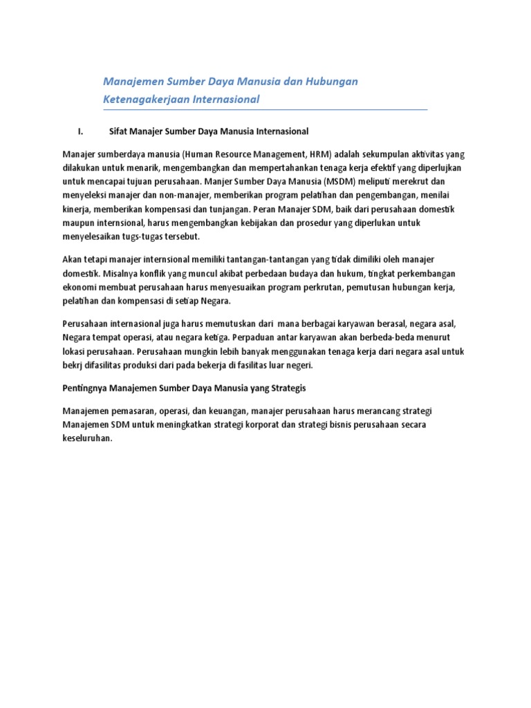 Manajemen Sumber Daya Manusia Dan Hubungan Ketenagakerjaan Internasional