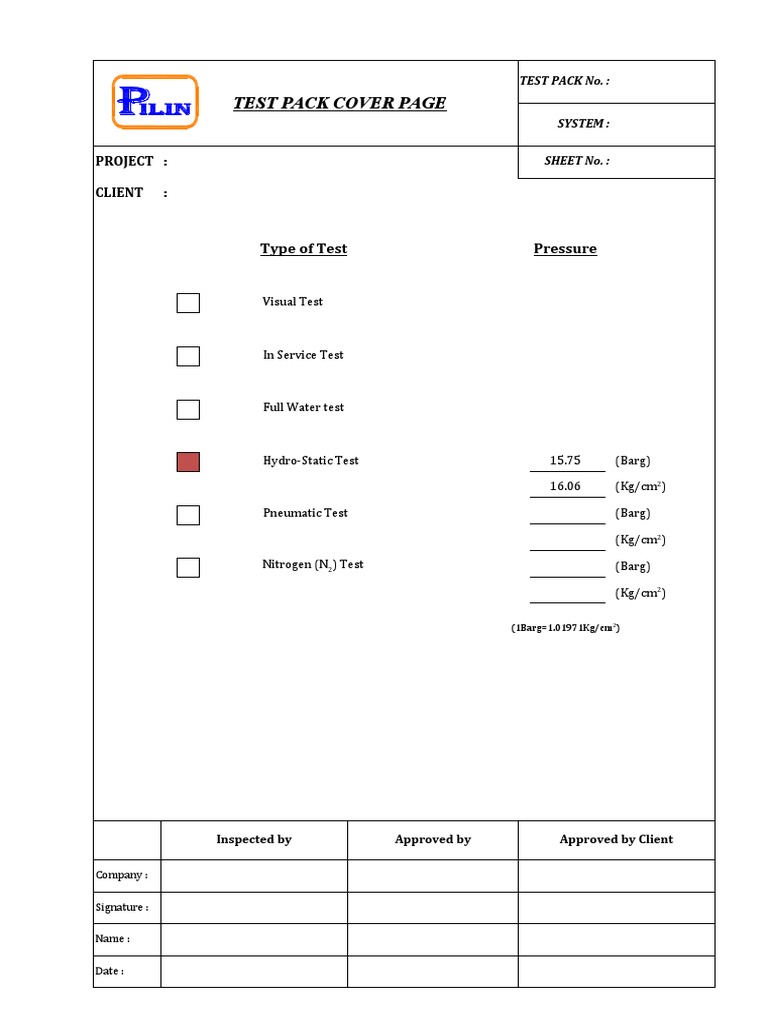 Piping Test Pack Cover Page | PDF