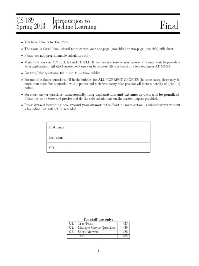 Final CS 189 Spring 2013 Introduction To Machine Learning PDF