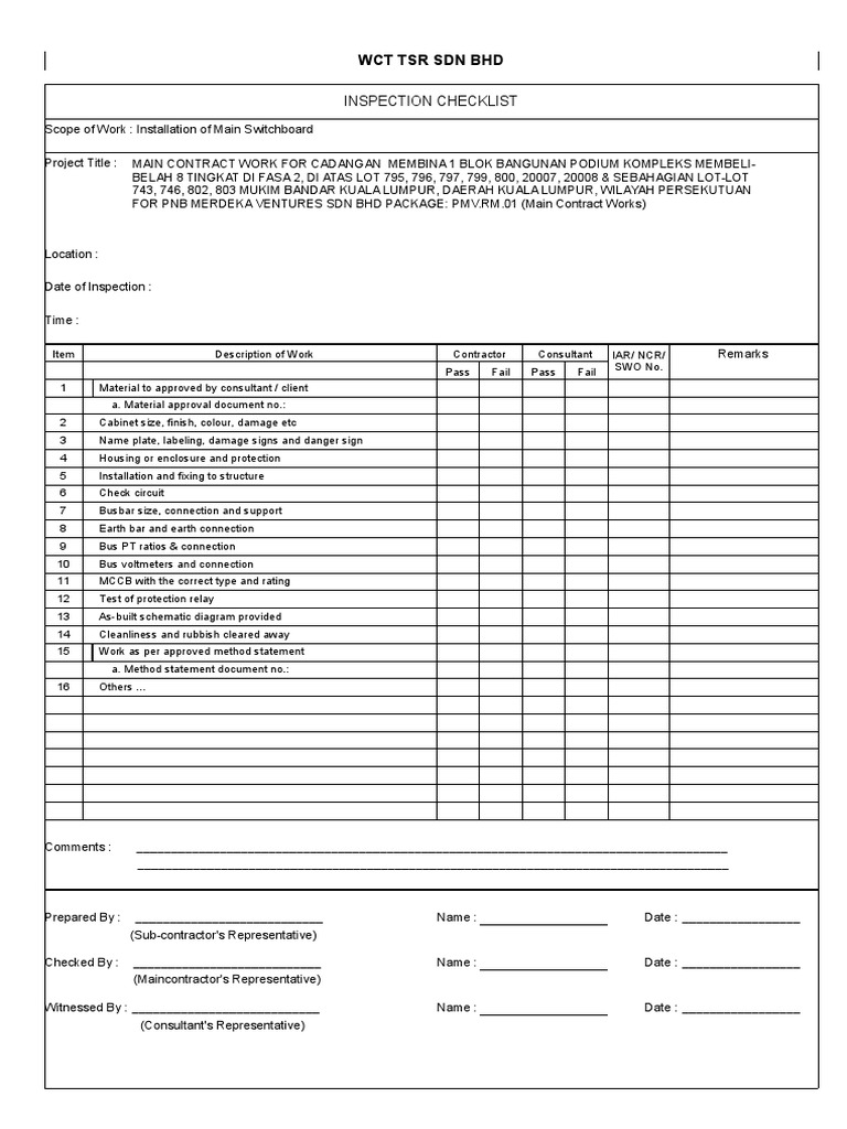 WCT TSR SDN BHD: Inspection Checklist | PDF