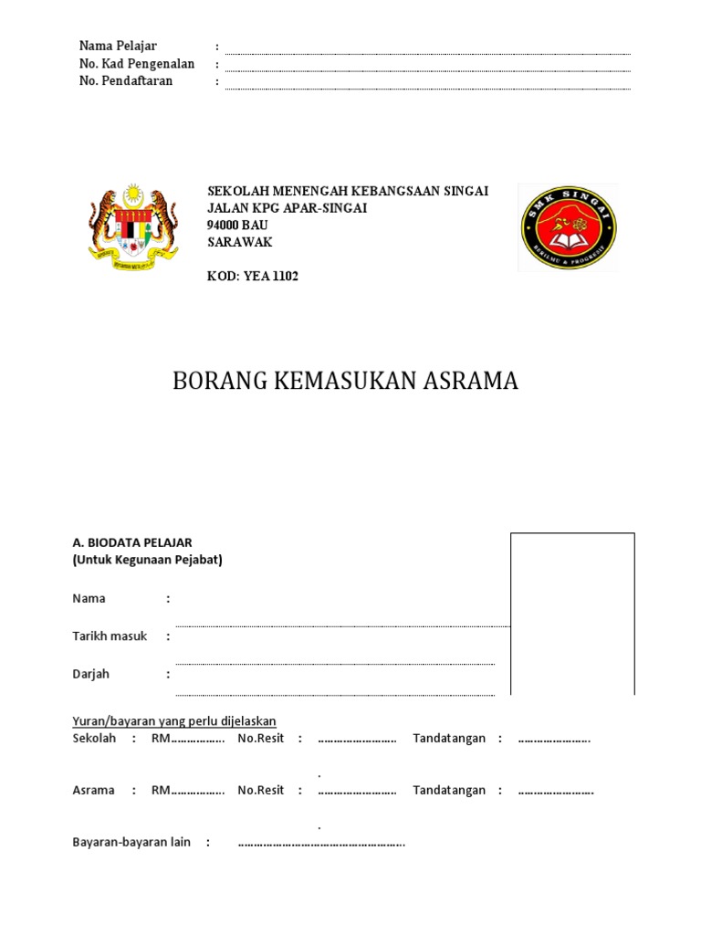 Borang Kemasukan Asrama 2020 Pdf