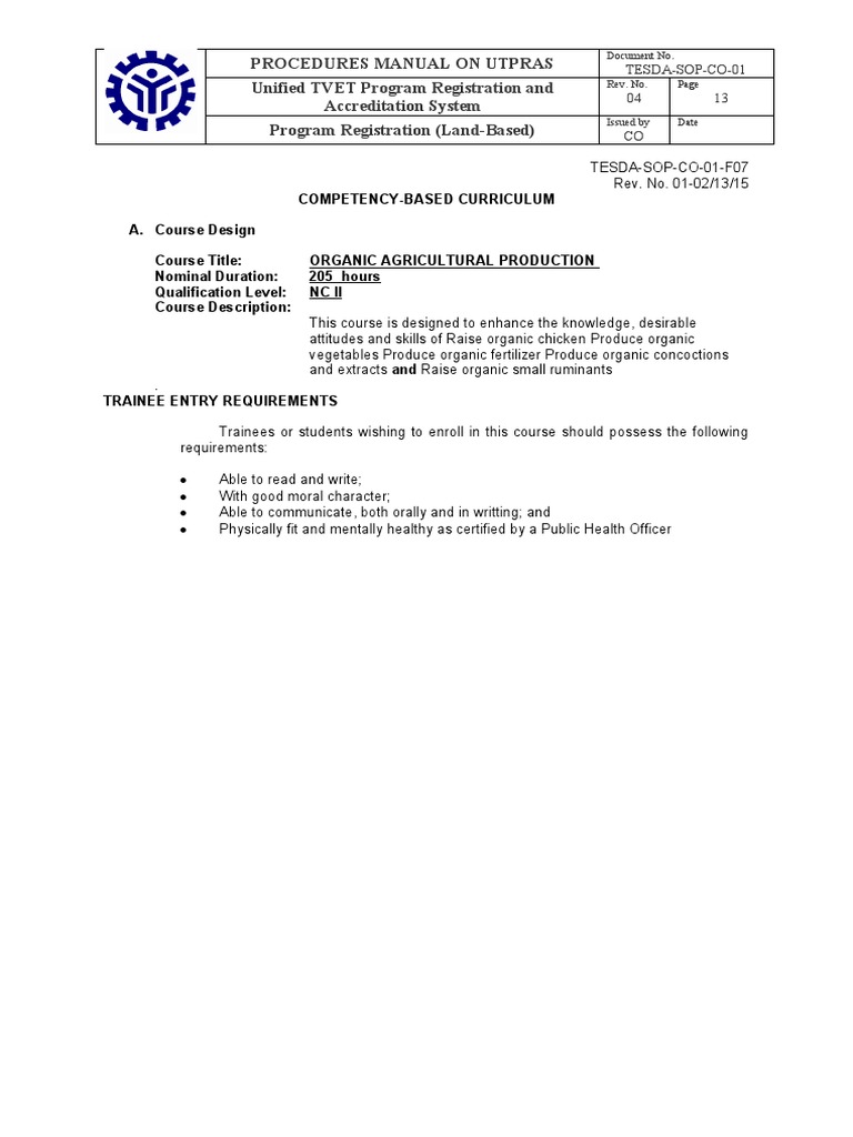 TESDA-SOP-CO-01-f07 - Competency Based Curriculum Organic | PDF ...