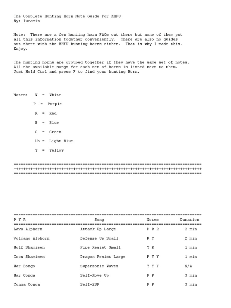 MHFU Hunting Horn Note Guide PDF Nature Entertainment (General)