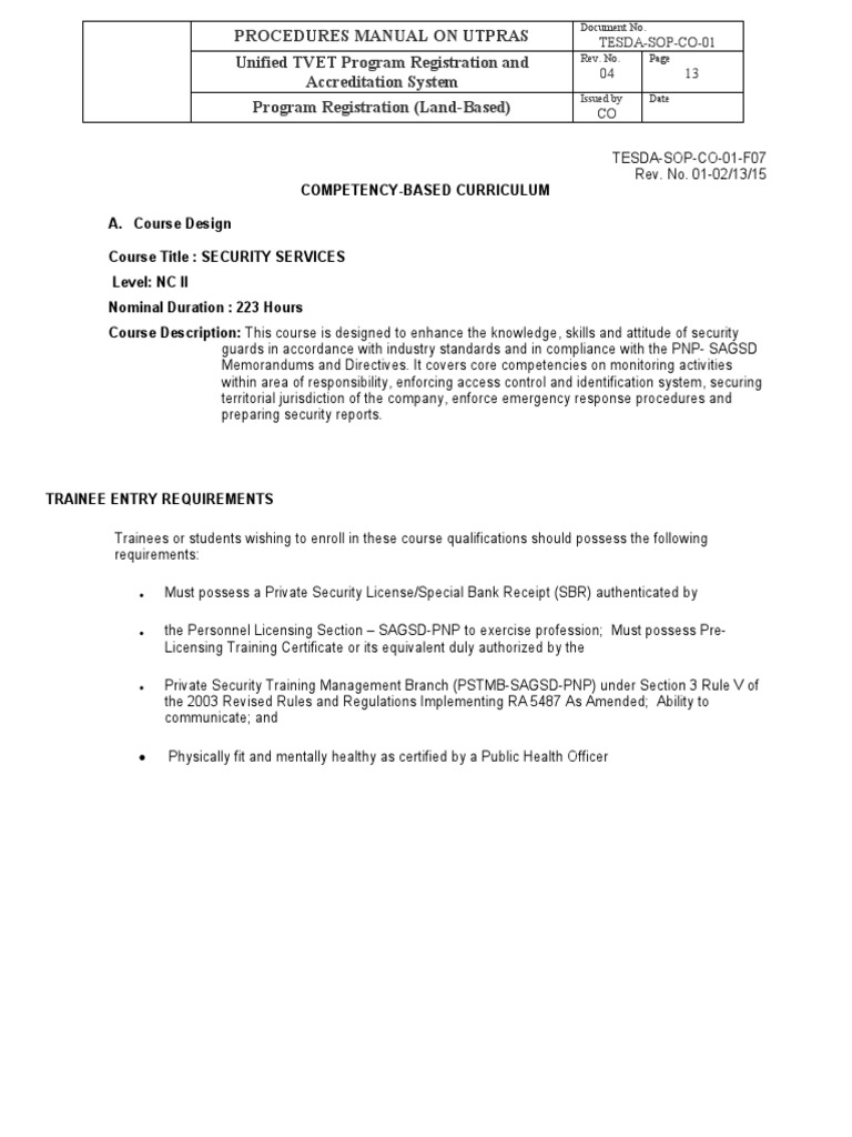 TESDA Security Services NC II Manual | PDF | Occupational Safety And ...