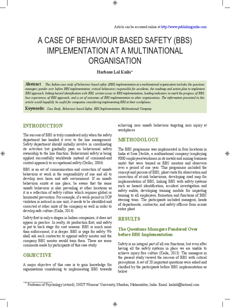 A Case Of Behaviour Based Safety Bbs Implementation At A