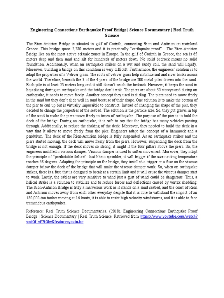 Engineering Connections Earthquake Proof Bridge Science Documentary Reel Truth Science PDF