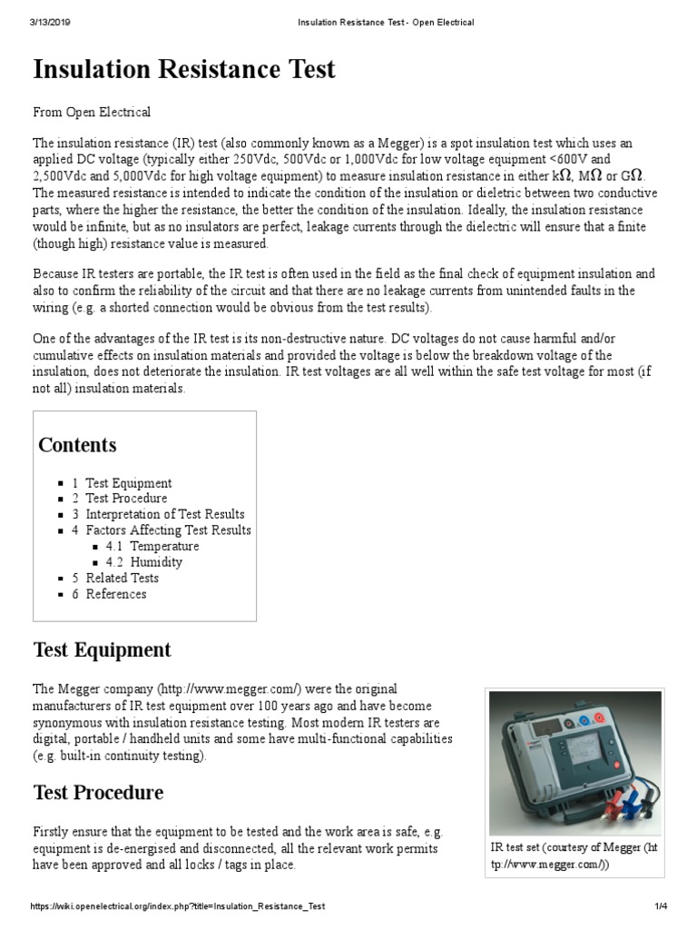Insulation Resistance Test - Open Electrical | PDF | Insulator ...