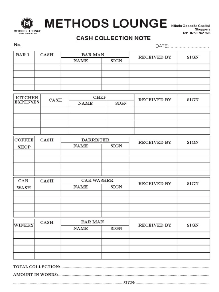 Cash Collection Note Template | PDF | Business | Restaurant And Catering