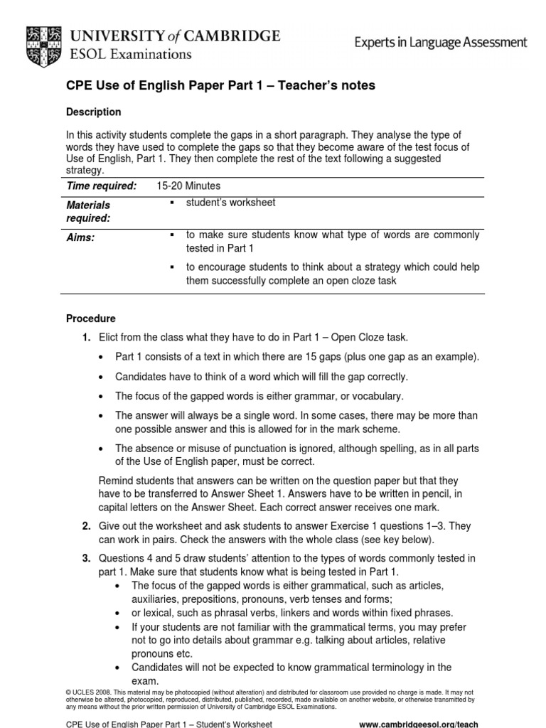 CPE Use of English Paper Part 1 | PDF | Phrase | Verb