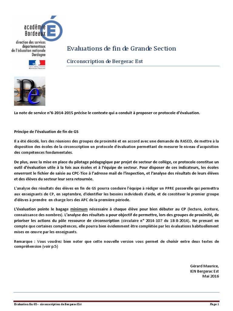 Protocole d'évaluation fin GS 2023 | PDF | Syllabe | Pédagogie