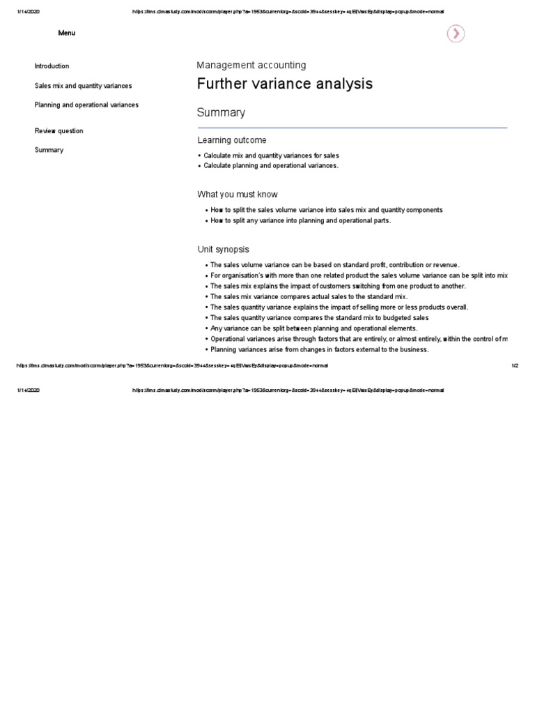 Further Variance Analysis Summary | PDF | Variance | Business