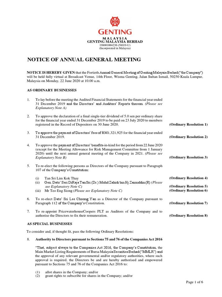 GENM Notice of 40th AGM PDF Proxy Voting Securities (Finance)