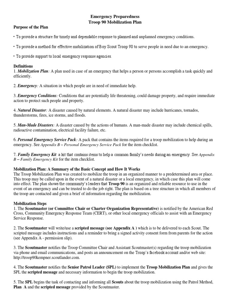 Troop 90 Mobilization Plan PDF Emergency Business