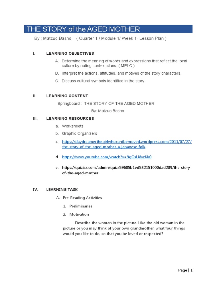 The Story Of The Aged Mother By Matzuo Basho ( Quarter 1 / Module 1