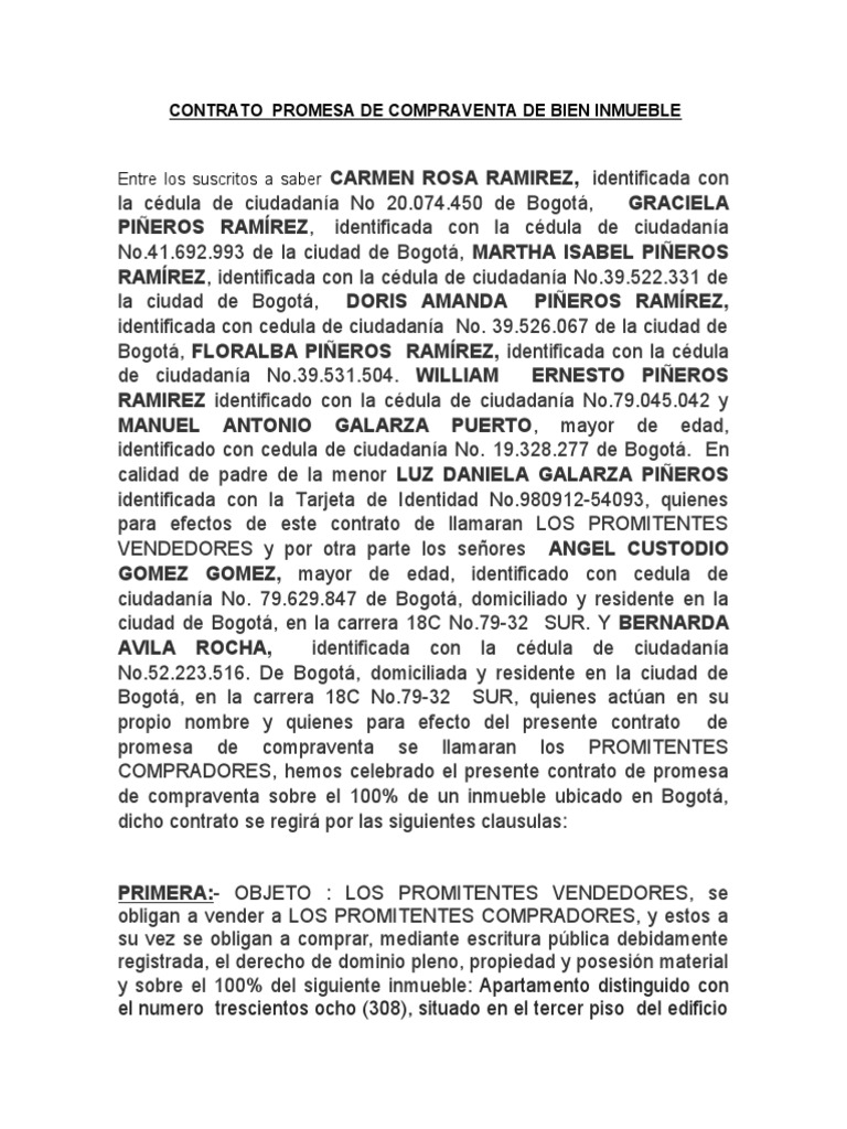 Contrato Promesa de Compraventa de Bien Inmueble | PDF | Bogotá | Ley ...