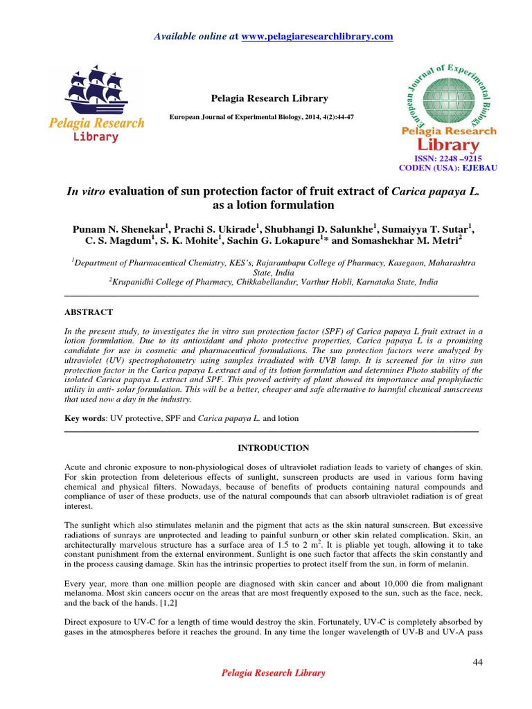 In Vitro Evaluation of Sun Protection Factor of Fruit Extract of Carica ...