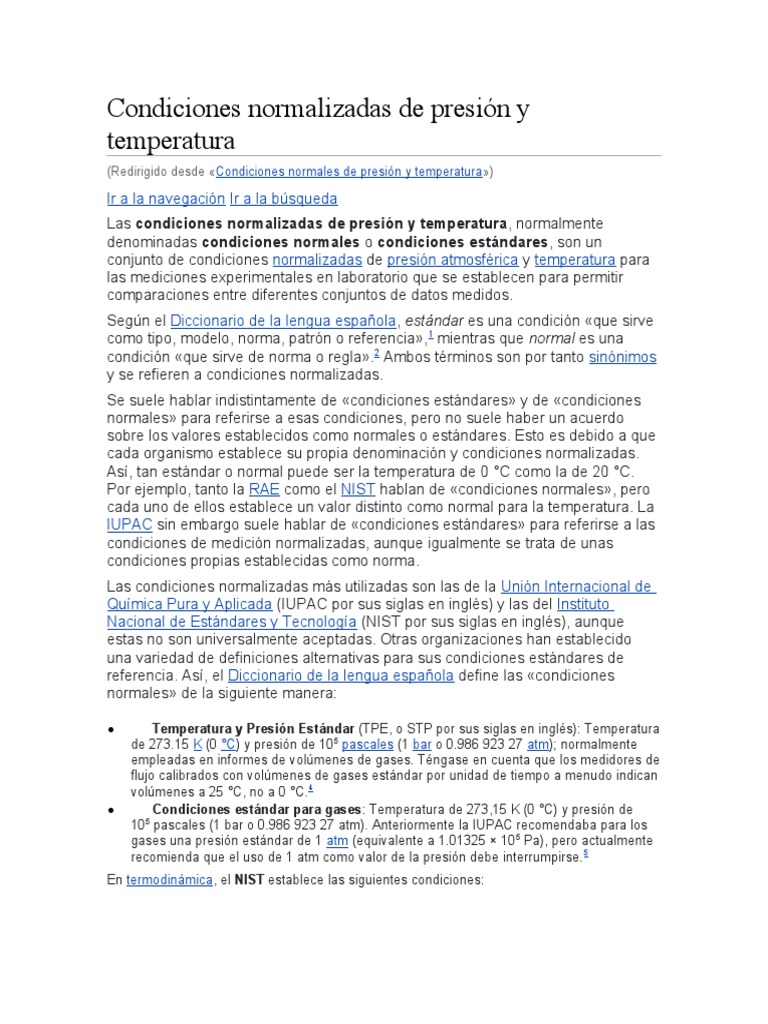 Las diferentes definiciones de las condiciones normalizadas de presión