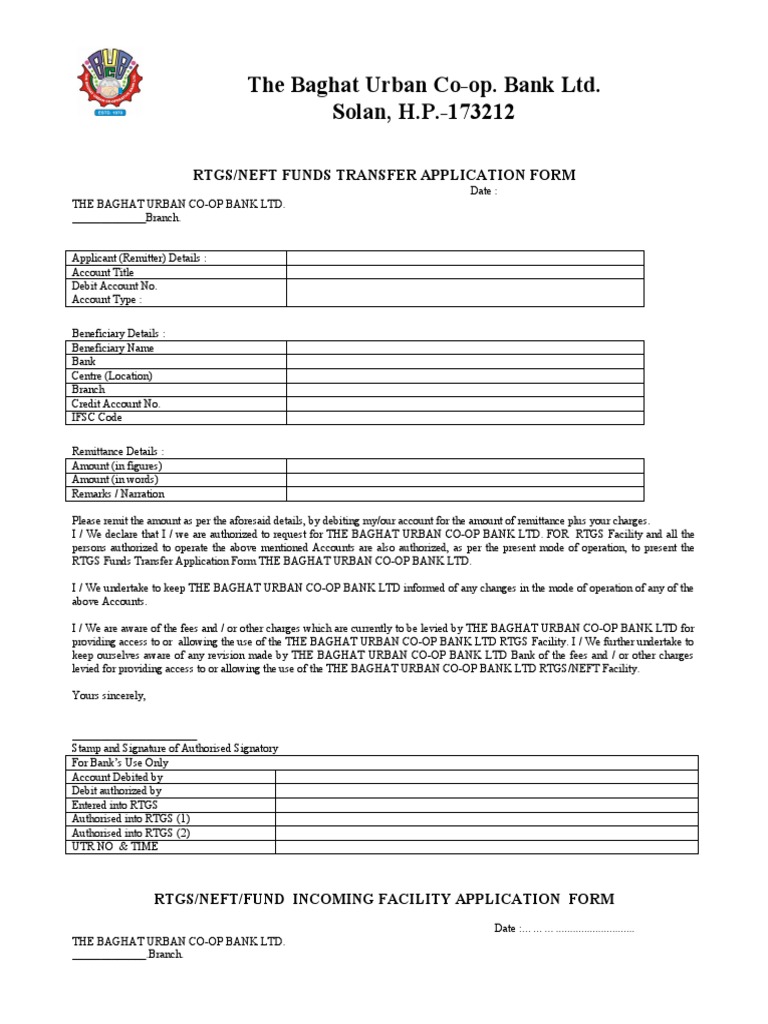 The Baghat Urban CoOp. Bank Ltd. Solan, H.P.173212 Rtgs/Neft Funds